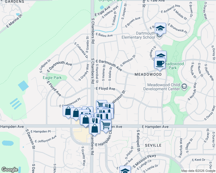 map of restaurants, bars, coffee shops, grocery stores, and more near 3287 South Idalia Street in Aurora