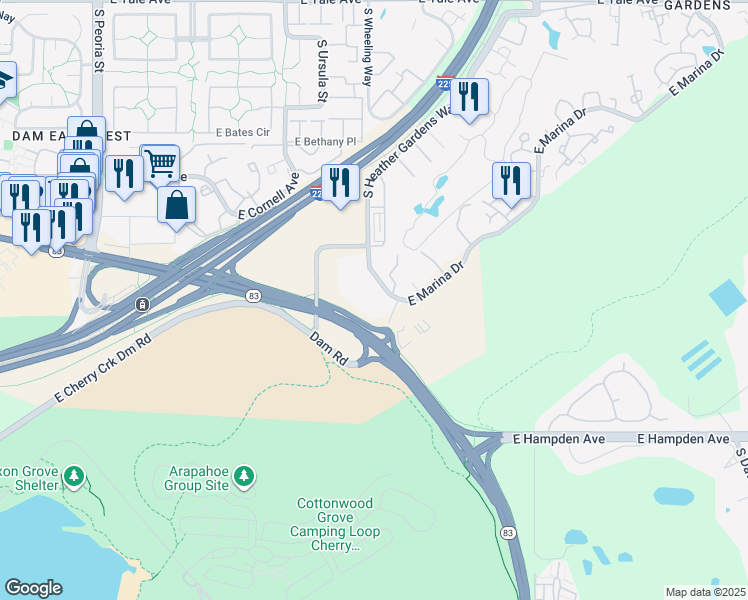 map of restaurants, bars, coffee shops, grocery stores, and more near 3399 Wheeling St in Aurora