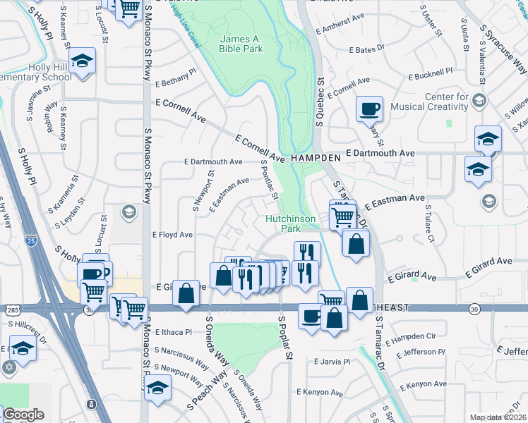 map of restaurants, bars, coffee shops, grocery stores, and more near 3327 South Pontiac Street in Denver