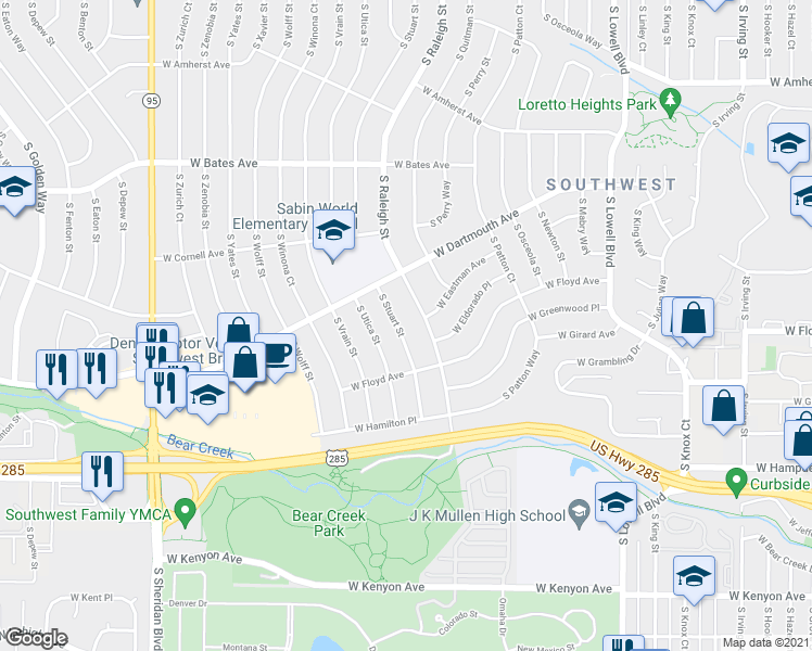 map of restaurants, bars, coffee shops, grocery stores, and more near 3227 South Stuart Street in Denver