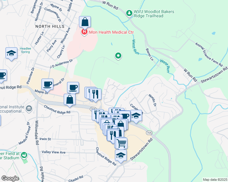 map of restaurants, bars, coffee shops, grocery stores, and more near 2524 Suncrest Village in Morgantown