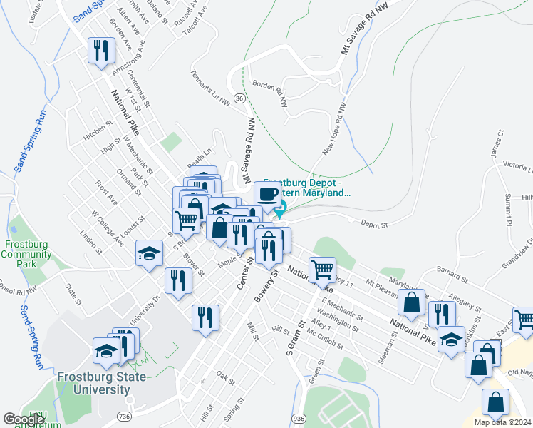 map of restaurants, bars, coffee shops, grocery stores, and more near 20 Depot Street in Frostburg