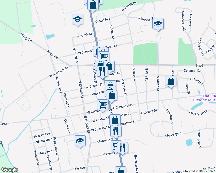 map of restaurants, bars, coffee shops, grocery stores, and more near 223 North Delsea Drive in Clayton