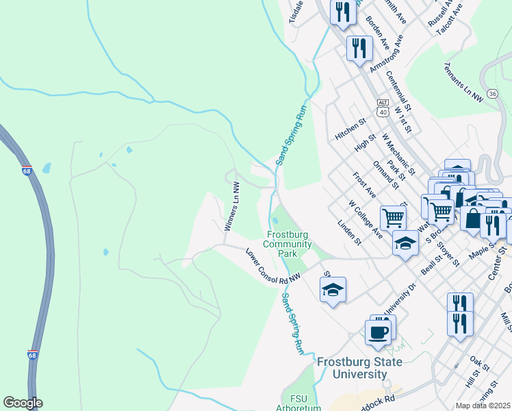 map of restaurants, bars, coffee shops, grocery stores, and more near 10103 Sandspring Run Road Northwest in Frostburg