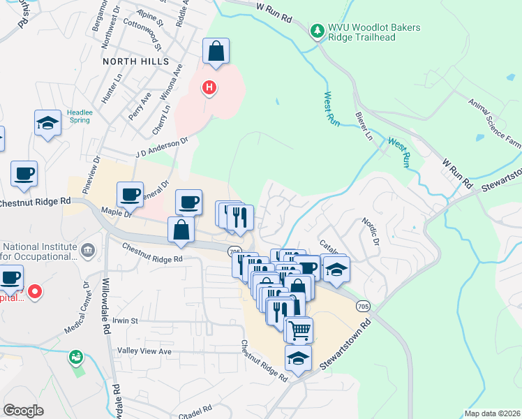 map of restaurants, bars, coffee shops, grocery stores, and more near 1236 Suncrest Village in Morgantown