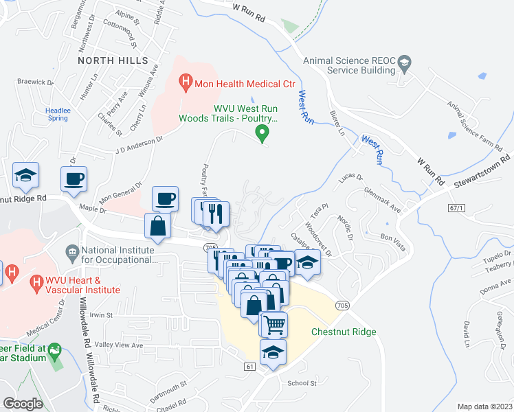 map of restaurants, bars, coffee shops, grocery stores, and more near 1834 Suncrest Village in Morgantown