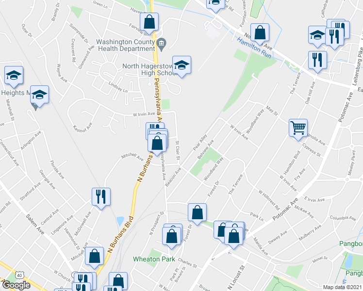 map of restaurants, bars, coffee shops, grocery stores, and more near 932 Saint Clair Street in Hagerstown