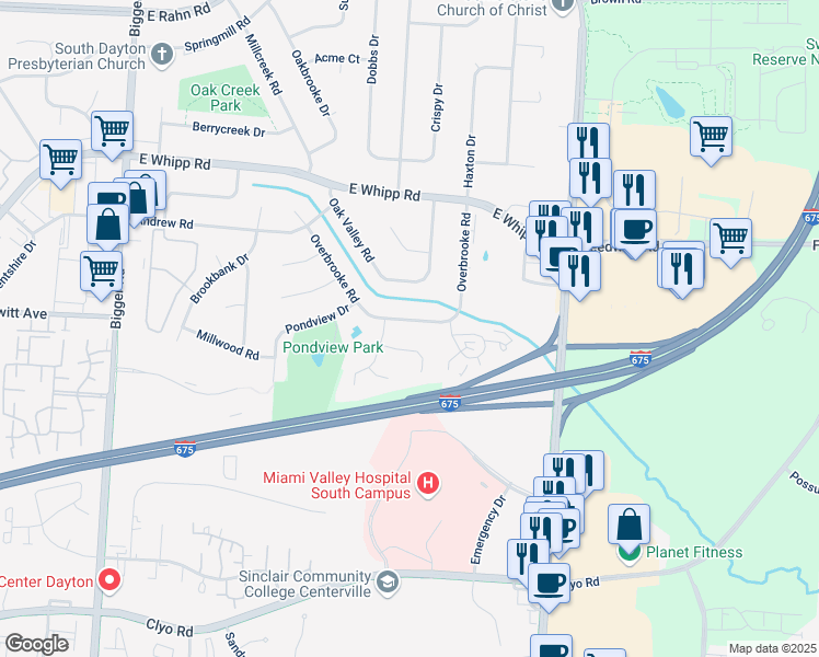 map of restaurants, bars, coffee shops, grocery stores, and more near 2524 Montbello Circle in Dayton