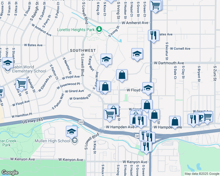 map of restaurants, bars, coffee shops, grocery stores, and more near 3400 South Lowell Boulevard in Denver