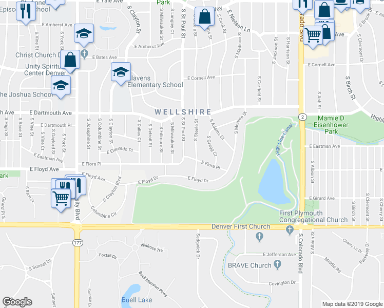 map of restaurants, bars, coffee shops, grocery stores, and more near 3060 East Flora Place in Denver