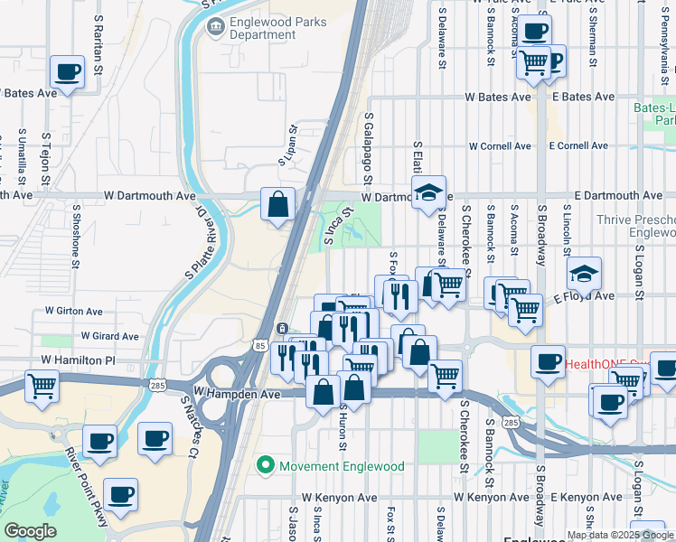 map of restaurants, bars, coffee shops, grocery stores, and more near 3287 South Huron Street in Englewood
