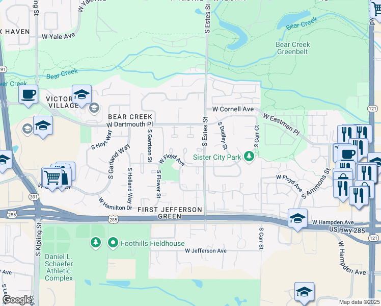 map of restaurants, bars, coffee shops, grocery stores, and more near 3289 South Estes Street in Lakewood