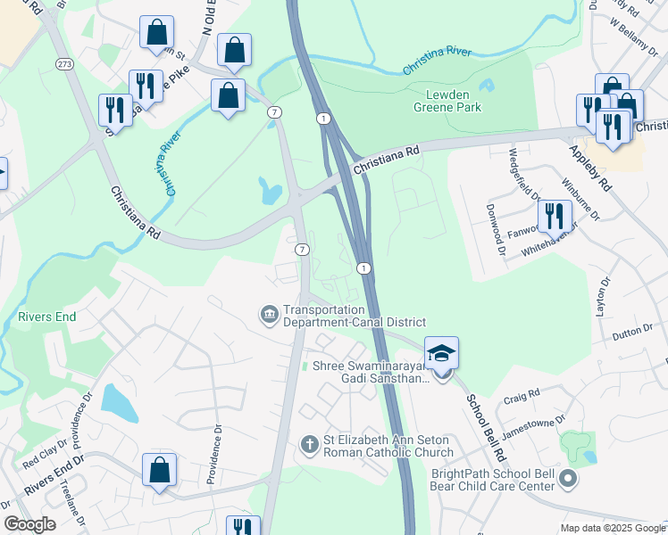 map of restaurants, bars, coffee shops, grocery stores, and more near 1110 Varsity Lane in Bear