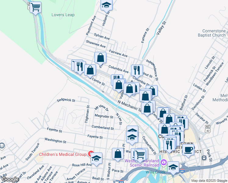 map of restaurants, bars, coffee shops, grocery stores, and more near 532 North Mechanic Street in Cumberland