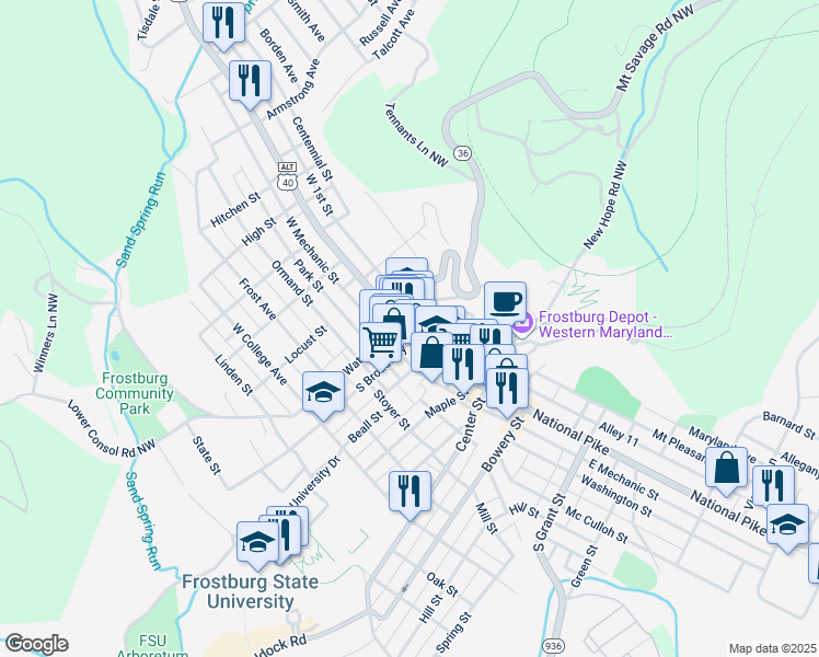 map of restaurants, bars, coffee shops, grocery stores, and more near 8 South Broadway in Frostburg