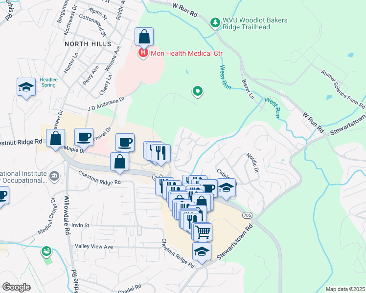 map of restaurants, bars, coffee shops, grocery stores, and more near 2524 Suncrest Village in Morgantown