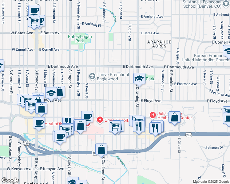 map of restaurants, bars, coffee shops, grocery stores, and more near 3285 South Ogden Street in Englewood