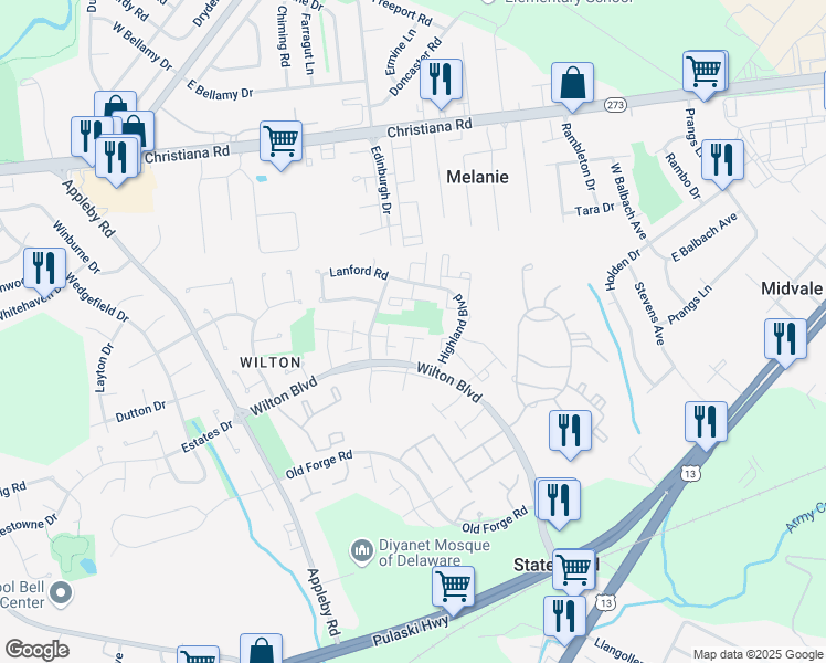 map of restaurants, bars, coffee shops, grocery stores, and more near 27 Andover Court in New Castle