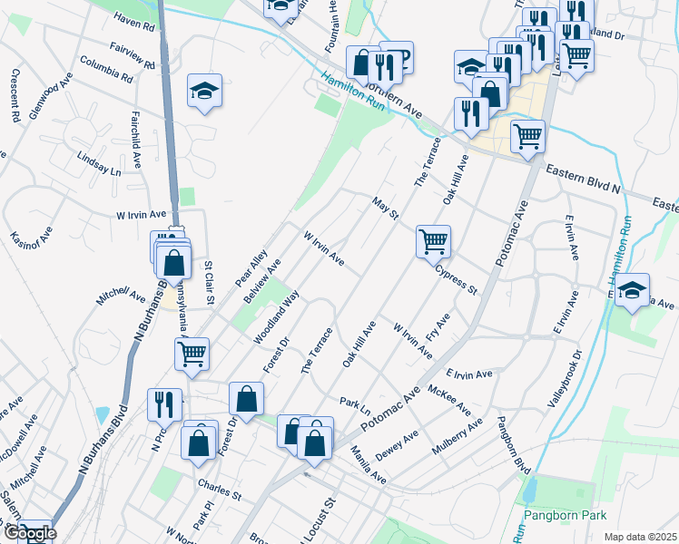 map of restaurants, bars, coffee shops, grocery stores, and more near 209 West Irvin Avenue in Hagerstown