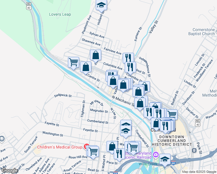 map of restaurants, bars, coffee shops, grocery stores, and more near 532 North Mechanic Street in Cumberland