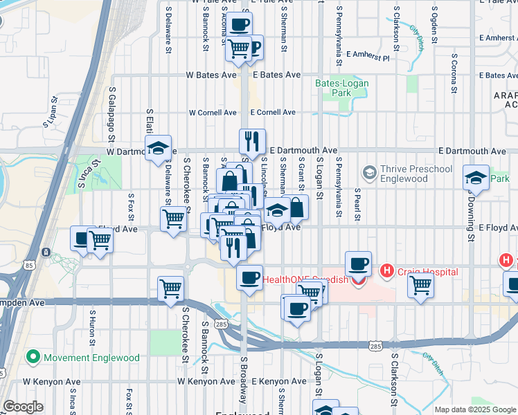 map of restaurants, bars, coffee shops, grocery stores, and more near 3277 South Lincoln Street in Englewood