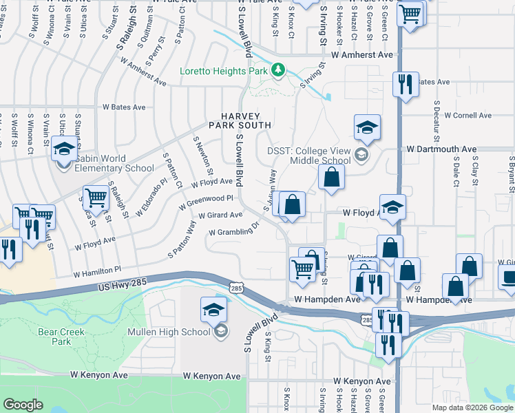 map of restaurants, bars, coffee shops, grocery stores, and more near 3613 West Grambling Drive in Denver