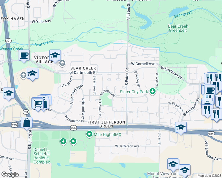 map of restaurants, bars, coffee shops, grocery stores, and more near 9027 West Floyd Avenue in Denver