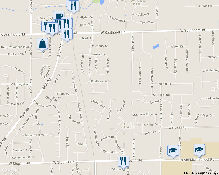 map of restaurants, bars, coffee shops, grocery stores, and more near 7421 Angus Lane in Indianapolis