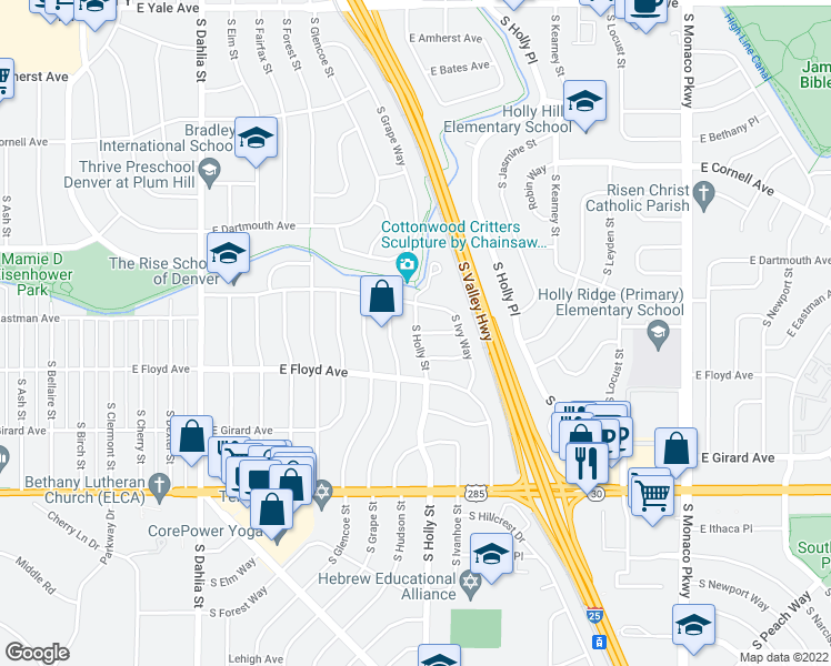 map of restaurants, bars, coffee shops, grocery stores, and more near S Holly St & E Eldorado Pl in Denver