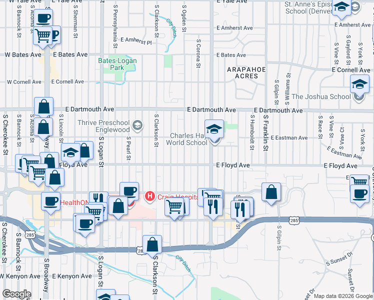 map of restaurants, bars, coffee shops, grocery stores, and more near 3201 South Ogden Street in Englewood