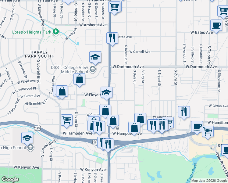 map of restaurants, bars, coffee shops, grocery stores, and more near 3244 South Federal Boulevard in Denver