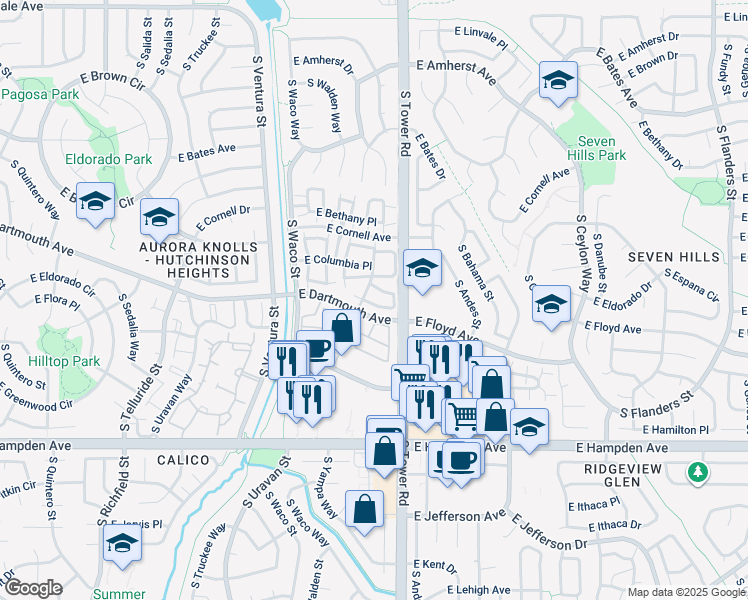 map of restaurants, bars, coffee shops, grocery stores, and more near 18495 East Columbia Circle in Aurora