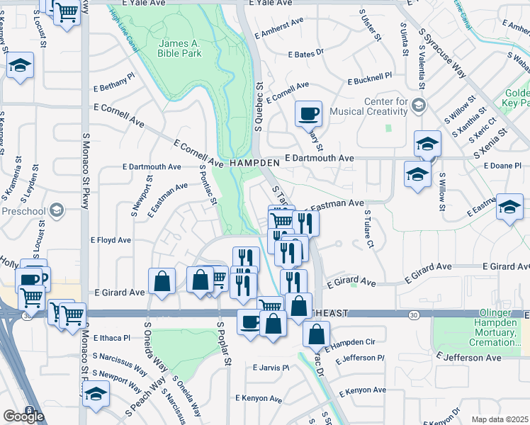 map of restaurants, bars, coffee shops, grocery stores, and more near 3121 South Tamarac Drive in Denver