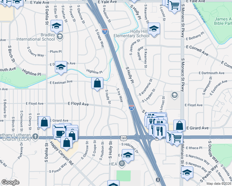 map of restaurants, bars, coffee shops, grocery stores, and more near 3230 South Ivy Way in Denver