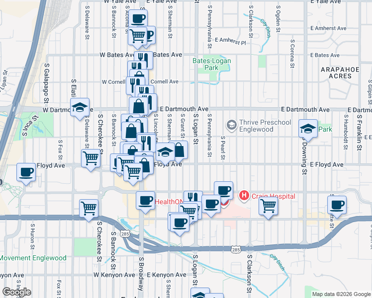 map of restaurants, bars, coffee shops, grocery stores, and more near 3211 South Logan Street in Englewood