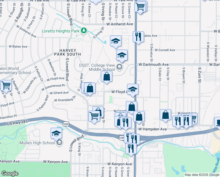 map of restaurants, bars, coffee shops, grocery stores, and more near 3220 South Irving Street in Denver