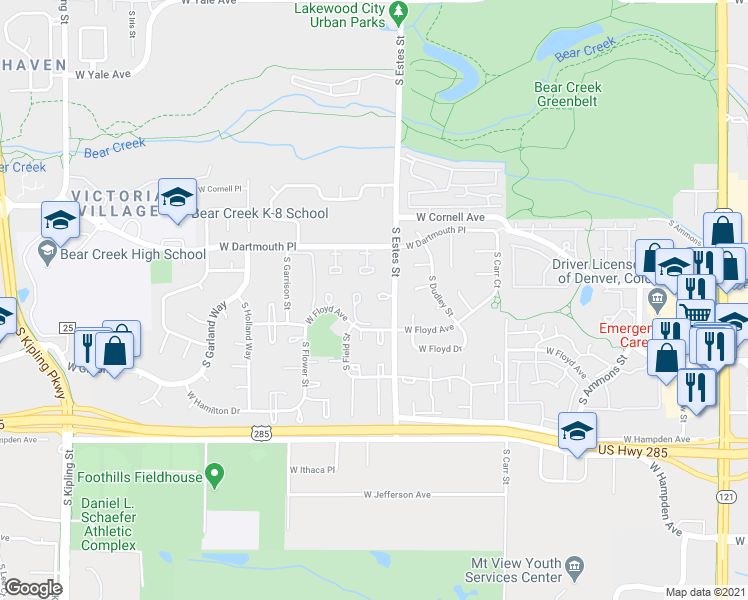map of restaurants, bars, coffee shops, grocery stores, and more near 3151 South Estes Street in Lakewood