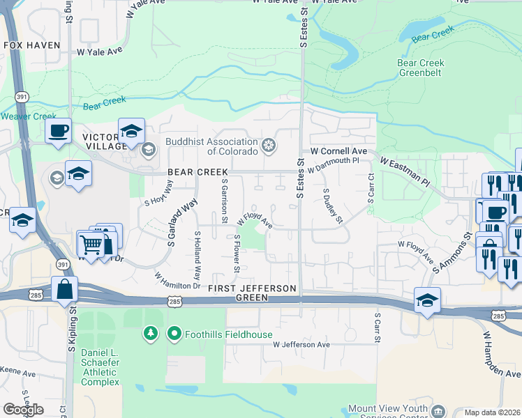 map of restaurants, bars, coffee shops, grocery stores, and more near 8964 West Dartmouth Place in Lakewood