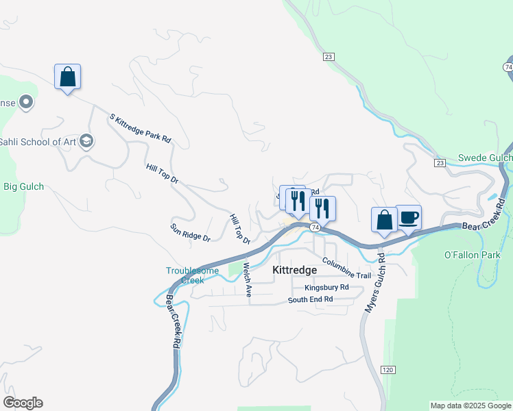 map of restaurants, bars, coffee shops, grocery stores, and more near 3147 Buttercup Lane in Evergreen