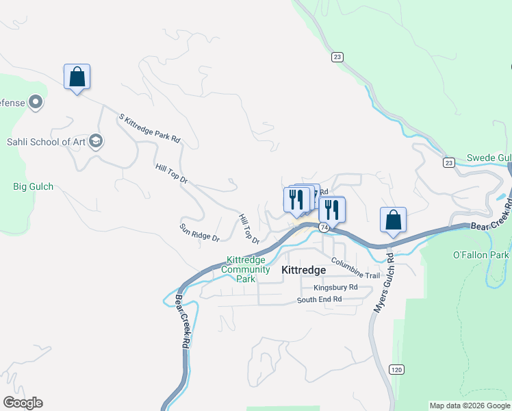 map of restaurants, bars, coffee shops, grocery stores, and more near 26943 Hill Top Drive in Evergreen