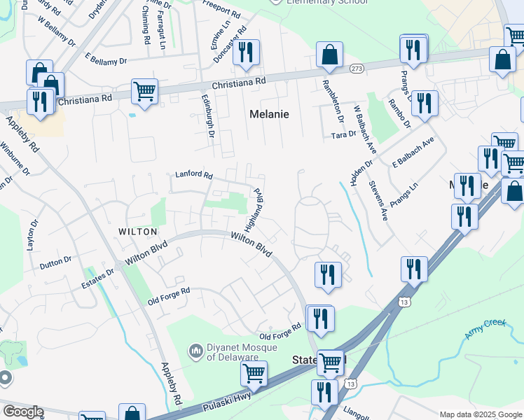 map of restaurants, bars, coffee shops, grocery stores, and more near 101 Highland Boulevard in New Castle