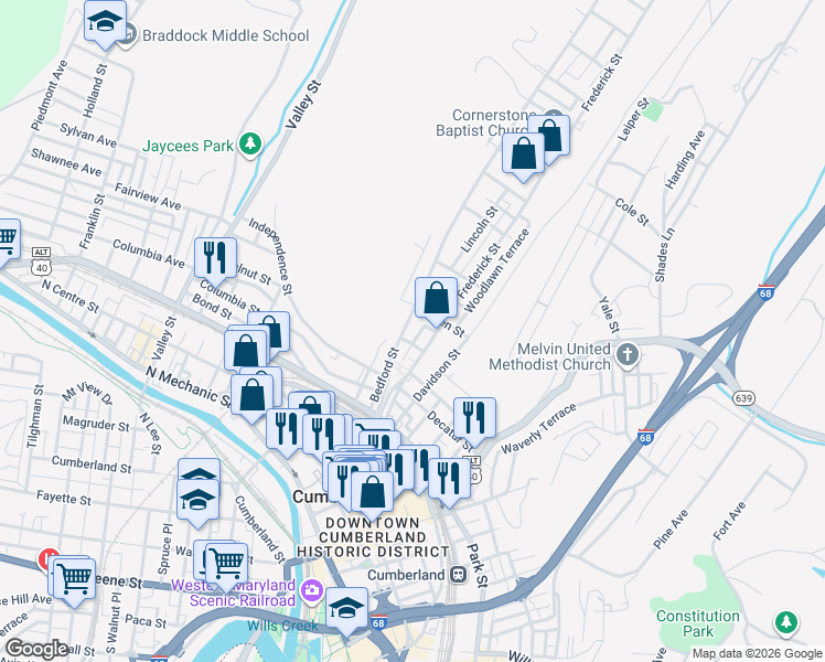 map of restaurants, bars, coffee shops, grocery stores, and more near 513 Linden Street in Cumberland