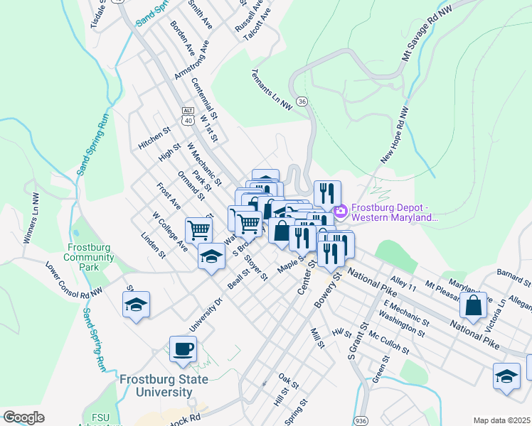 map of restaurants, bars, coffee shops, grocery stores, and more near in Frostburg