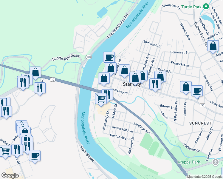 map of restaurants, bars, coffee shops, grocery stores, and more near 3519 University Avenue in Morgantown