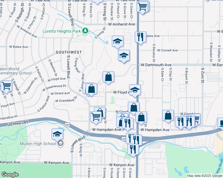 map of restaurants, bars, coffee shops, grocery stores, and more near 3220 South Irving Street in Denver