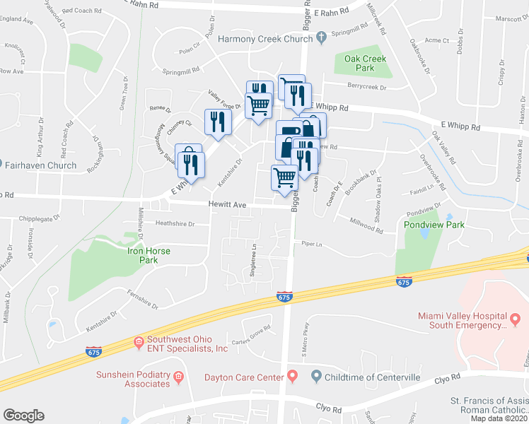 map of restaurants, bars, coffee shops, grocery stores, and more near 2142 Hewitt Avenue in Dayton
