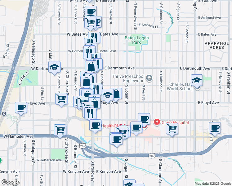 map of restaurants, bars, coffee shops, grocery stores, and more near 210 E Eastman Ave in Englewood