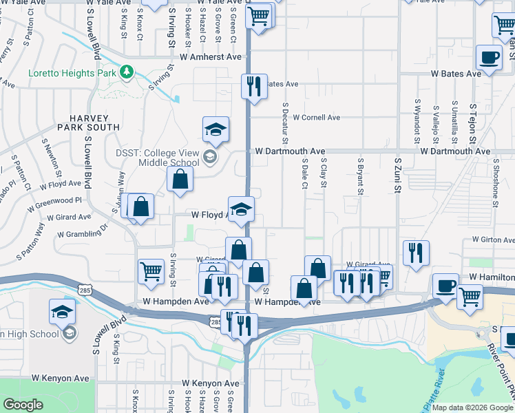 map of restaurants, bars, coffee shops, grocery stores, and more near 3244 South Federal Boulevard in Denver