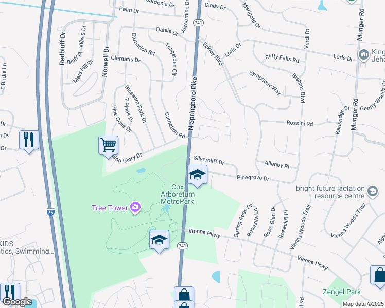 map of restaurants, bars, coffee shops, grocery stores, and more near 6560 North Springboro Pike in Dayton
