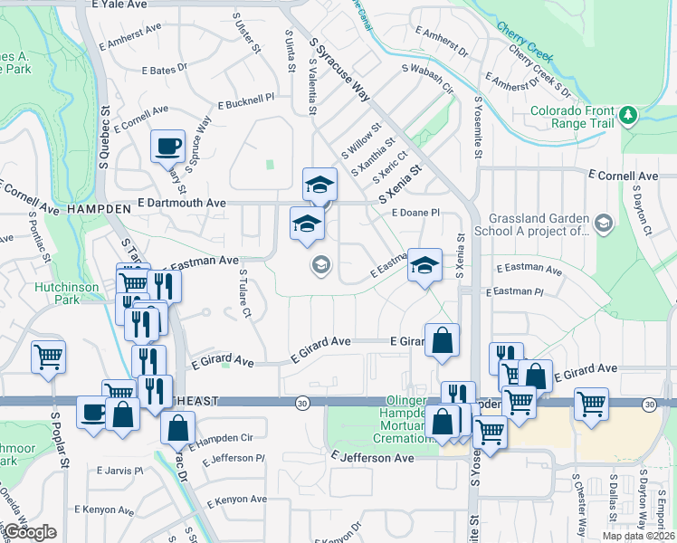 map of restaurants, bars, coffee shops, grocery stores, and more near 1300 South Willow Street in Denver
